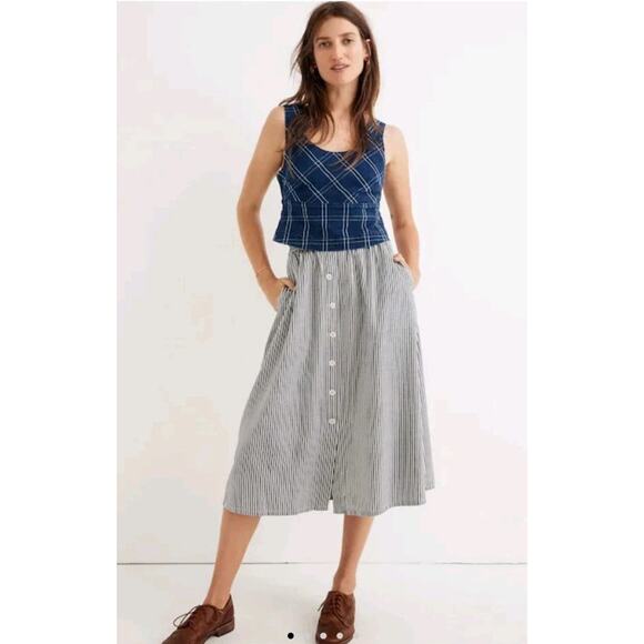 Madewell Womens 12 Palisade Skirt Button Front Chambray Blue Striped Midi Cotton - Picture 1 of 10